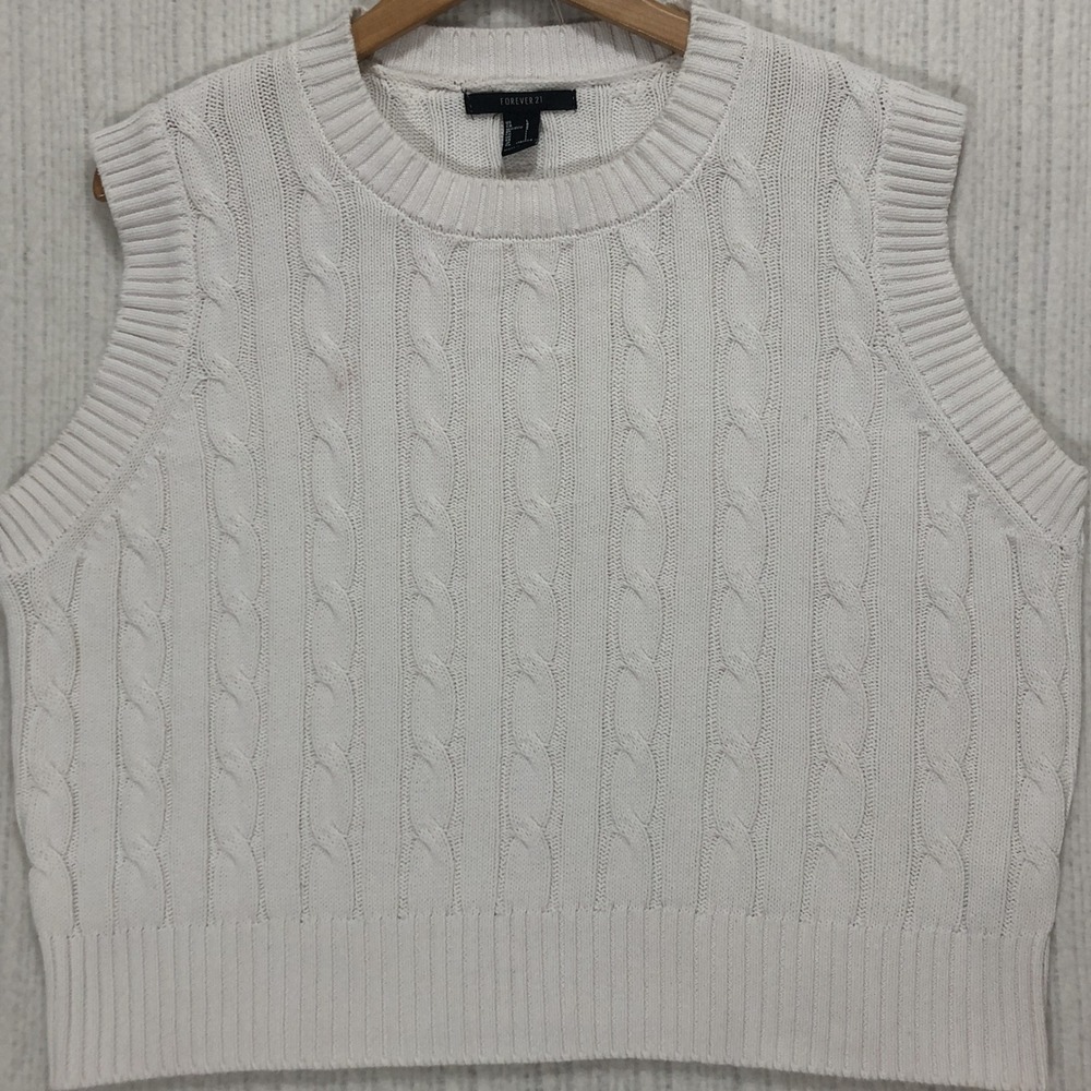 Forever 21 Womens Cable Knit Sweater Vest Cream White Cotton Large Preppy Layer